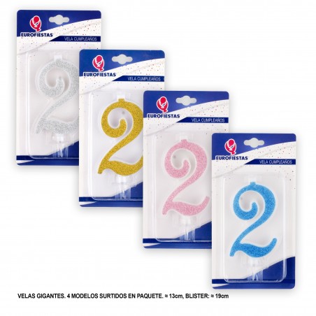 Vela gigante purpurina número 2 colores surtidos