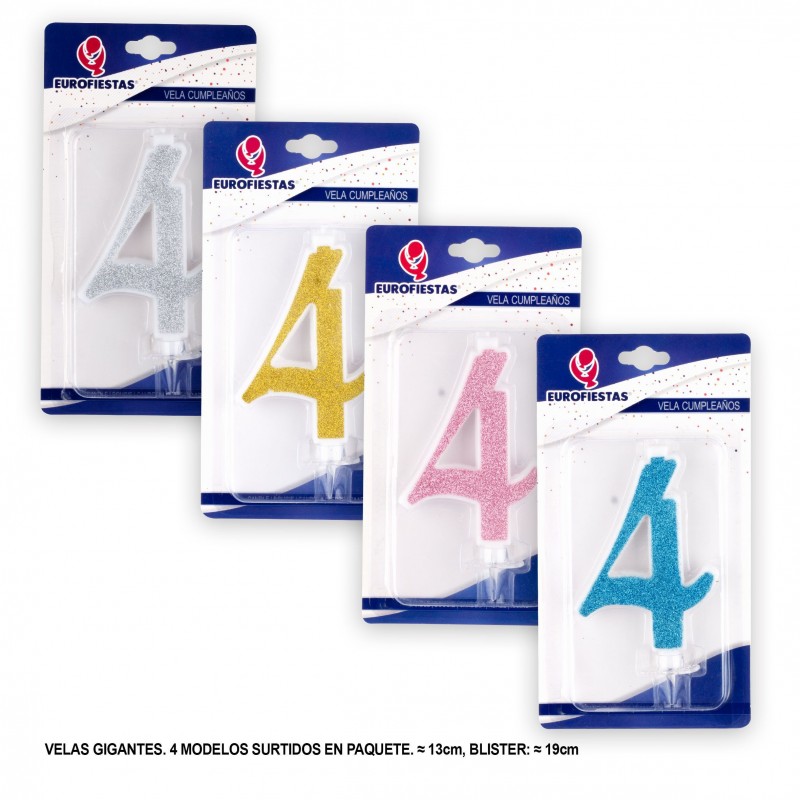 Vela gigante purpurina número 4 colores surtidos