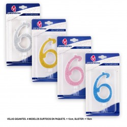 Vela gigante purpurina número 6 colores surtidos