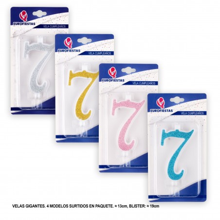 Vela gigante purpurina número 7 colores surtidos