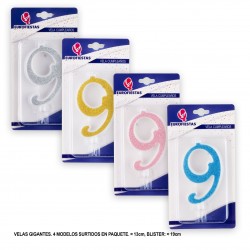 Vela gigante purpurina número 9 colores surtidos