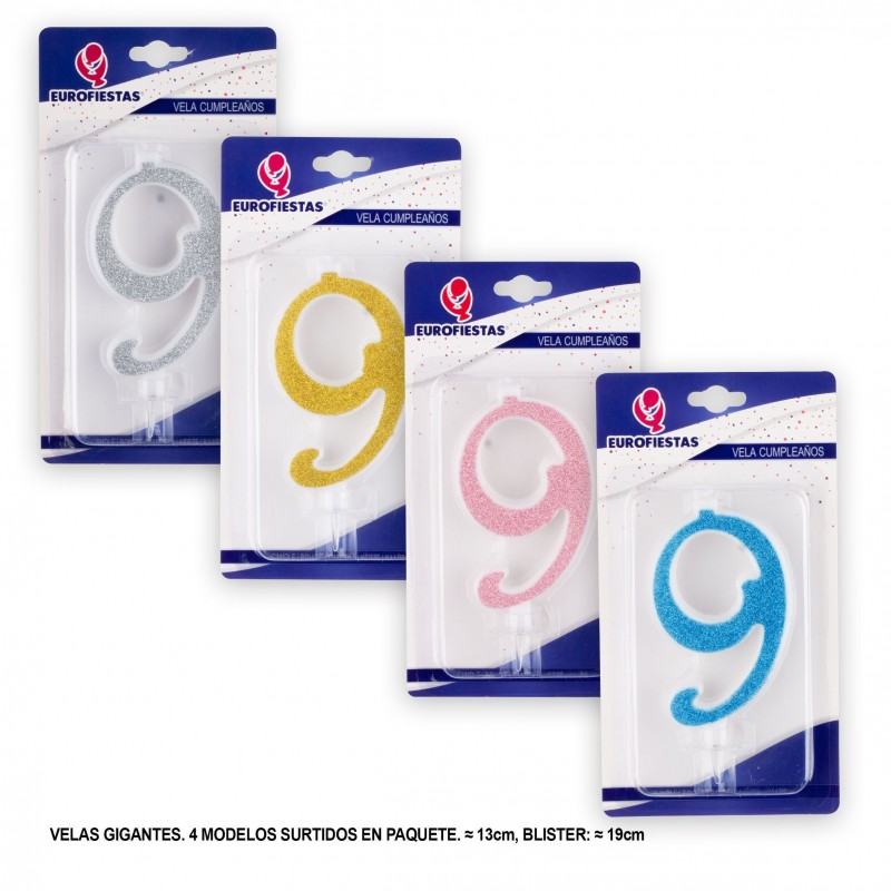 Vela gigante purpurina número 9 colores surtidos