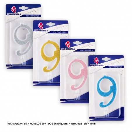 Vela gigante purpurina número 9 colores surtidos