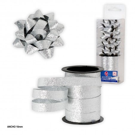 Rollo 10m lazo 1cm purpurina plata