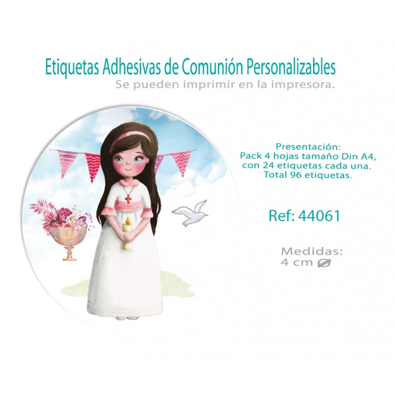 Paq.96 etiquetas adhesivas redondas comunión niña