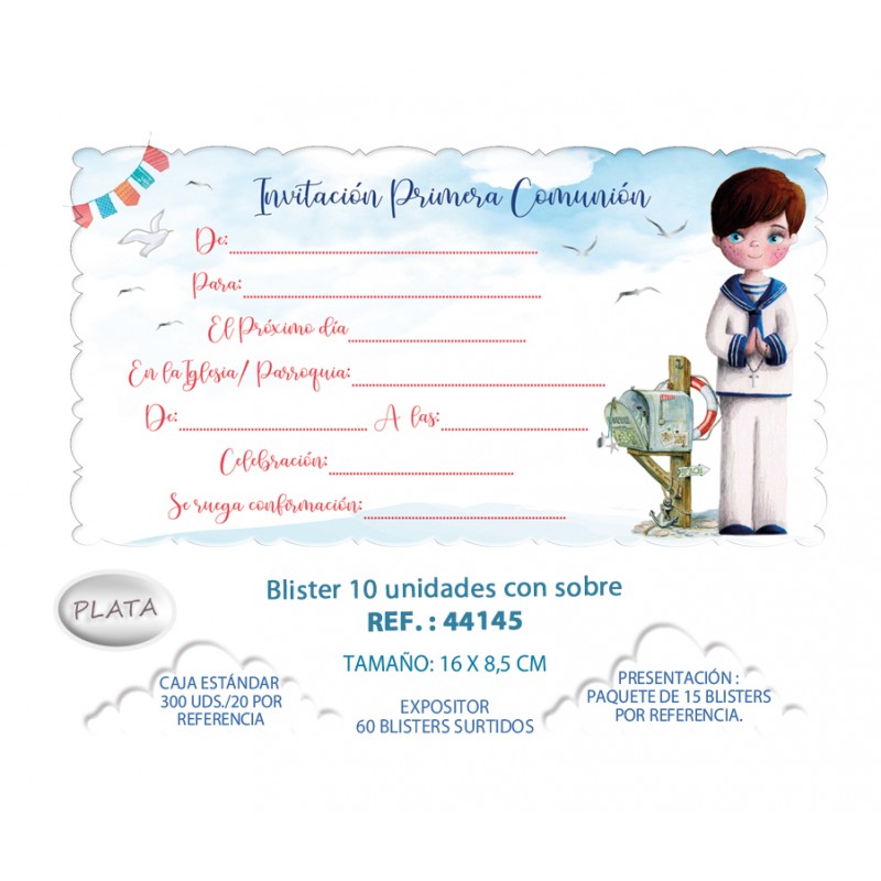 Blister 10 invitación + sobre comunión niño buzón