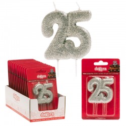 Vela 25 aniversario purpurina plata 8cm