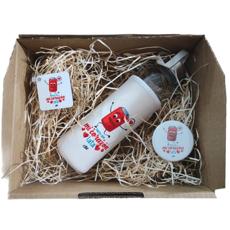 Pack regalo haces que mi corazón lata botella + llavero + imán abridor