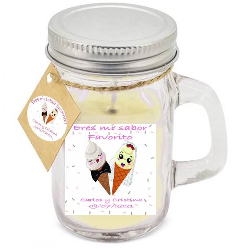 Vela aromática con tapa personalizada con adhesivo para boda