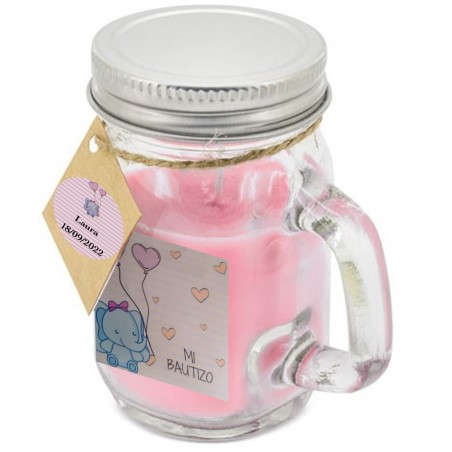 Vela aromática rosa con tapa personalizada para bautizo