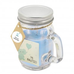 Vela aromática celeste con tapa personalizada para butizo