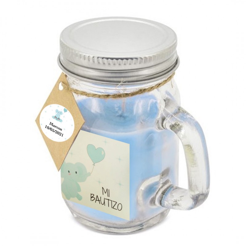 Vela aromática celeste con tapa personalizada para butizo