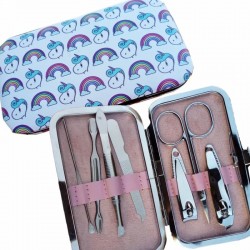 Set de manicura unicornio en bolsa metalizada azul personalizada para invitados