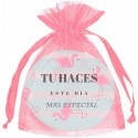 Espejo flamenco en bolsa de organza rosa chicle para invitados