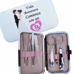 Bolso abanico chancla set de manicura monedero espejo y bolígrafo en bolsa blanca kraft personalizada con adhesivo