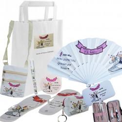 Bolso abanico chancla set de manicura monedero espejo y bolígrafo en bolsa blanca kraft personalizada con adhesivo