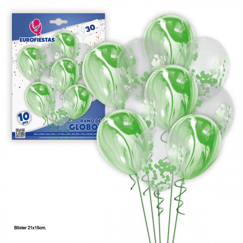 Set 10 globos marmol y confeti verde