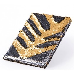 Libreta de lentejuelas reversible con estuche de charol y bolígrafo presentado en bolsa negra personalizada