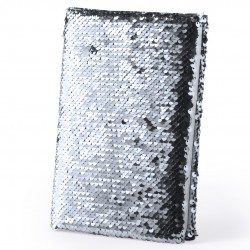 Libreta de lentejuelas reversible con estuche de charol y bolígrafo presentado en bolsa negra personalizada