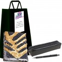 Libreta de lentejuelas reversible con estuche de charol y bolígrafo presentado en bolsa negra personalizada