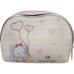 Bolígrafo pintalabios personalizado con foto y monedero rosa para bautizo presentado en bolsa rosa