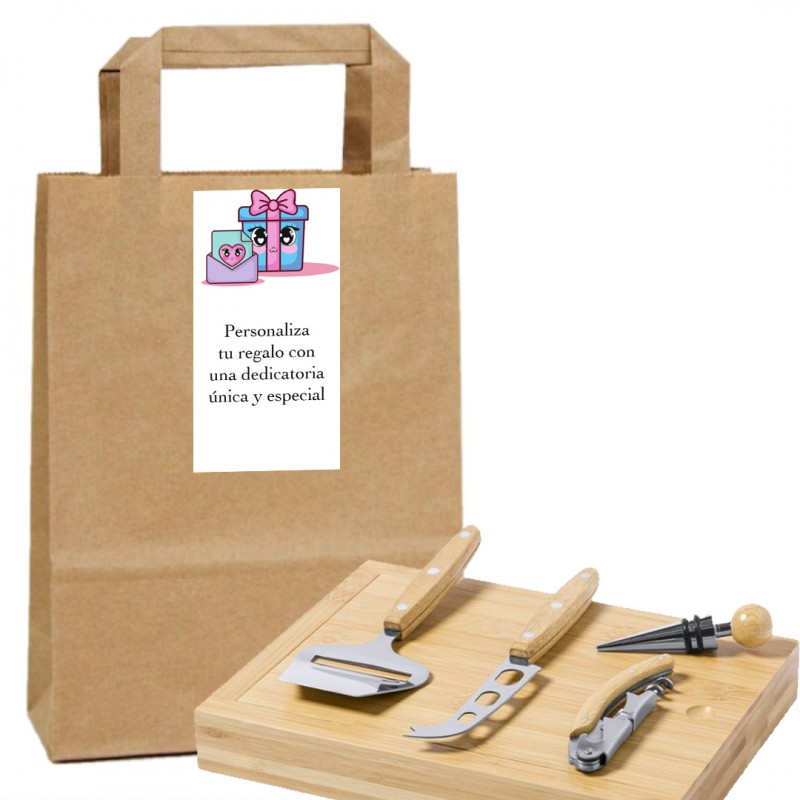 Set de vino y queso presentado en bolsa kraft personalizada con dedicatoria