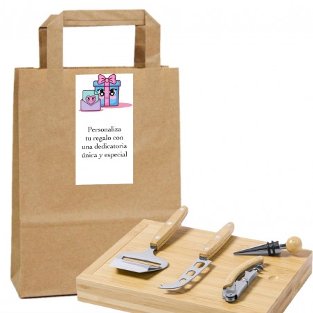 Set de vino y queso presentado en bolsa kraft personalizada con dedicatoria