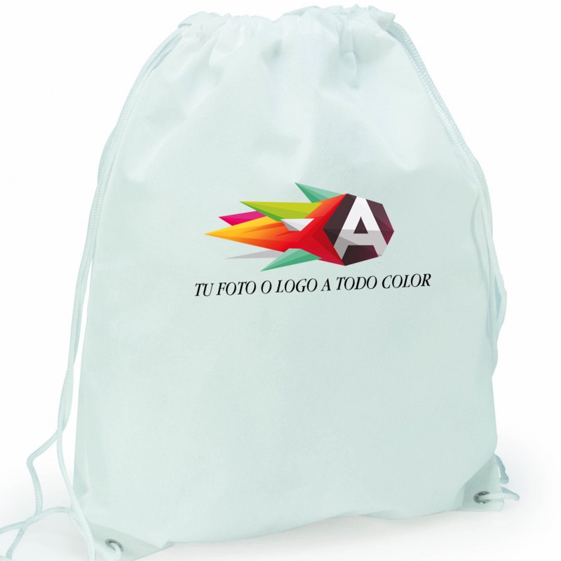 Mochila blanca con logo o foto impreso a todo color y texto