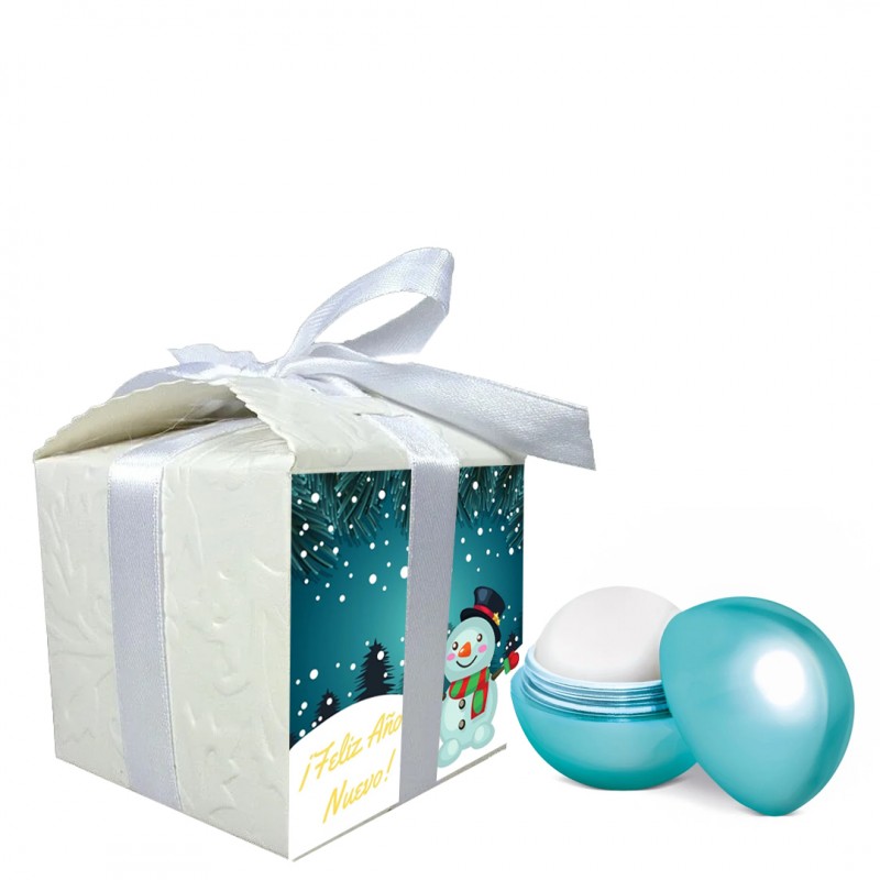 Bálsamo labial presentado en caja de regalo con adhesivo navideño