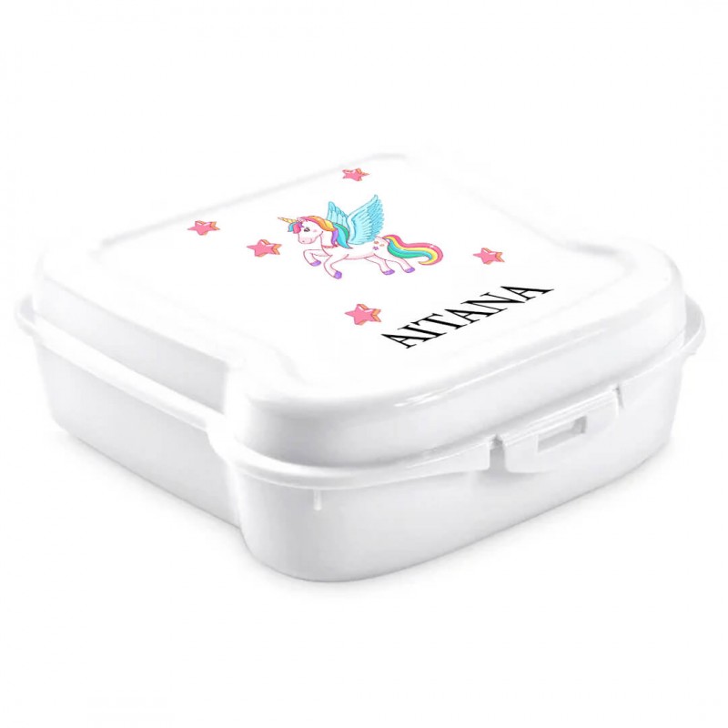Fiambrera unicornio blanca personalizada con nombre