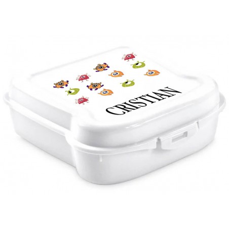 Fiambrera monstruos blanca personalizada con nombre