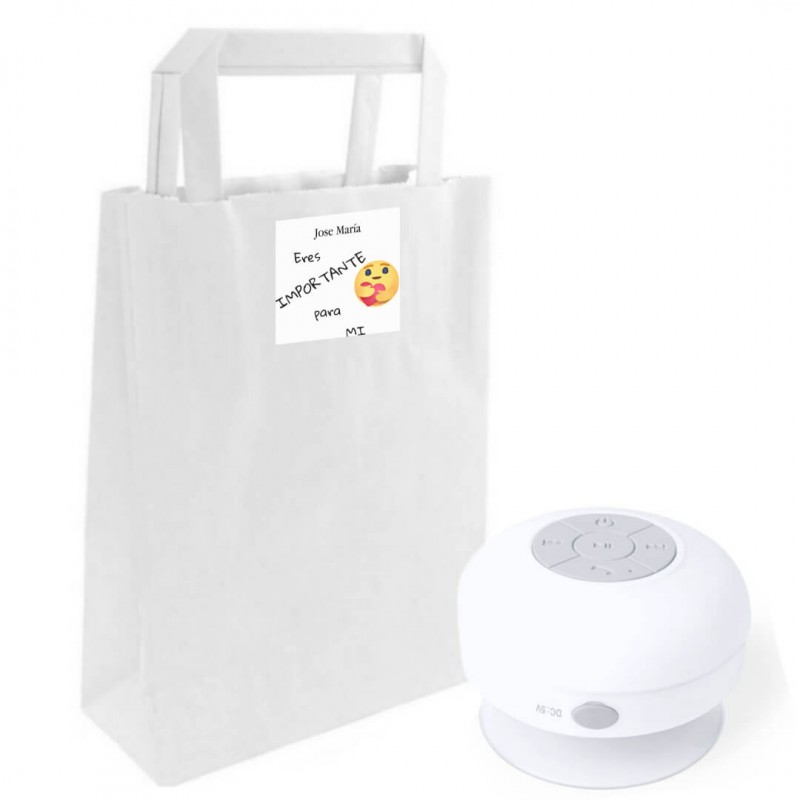 Altavoz bluetooth sumergible en bolsa kraft personalizada con adhesivo eres importante para mi