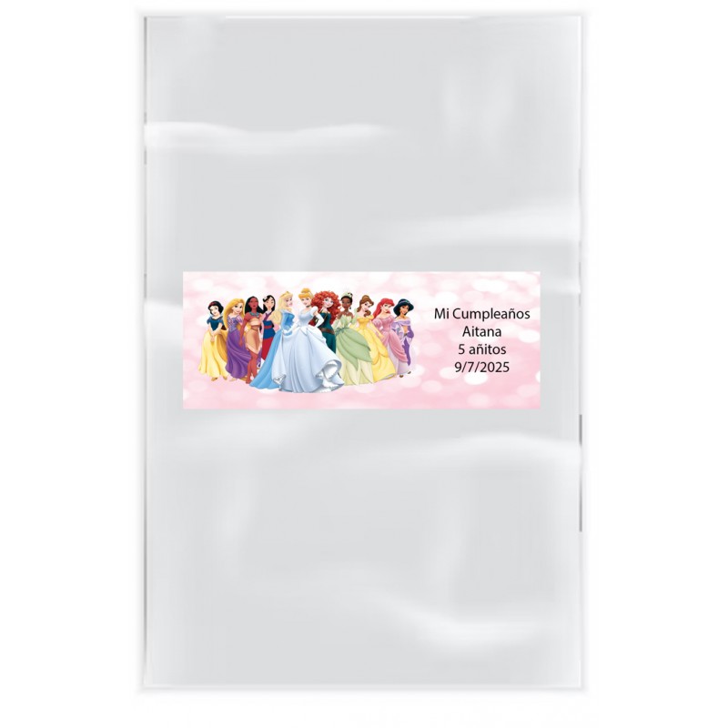 Pack 20 bolsas transparente con adhesivo personalizado con texto y nombre princesas disney