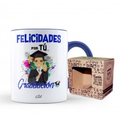 Taza color azul felicidades por tú graduación hombre