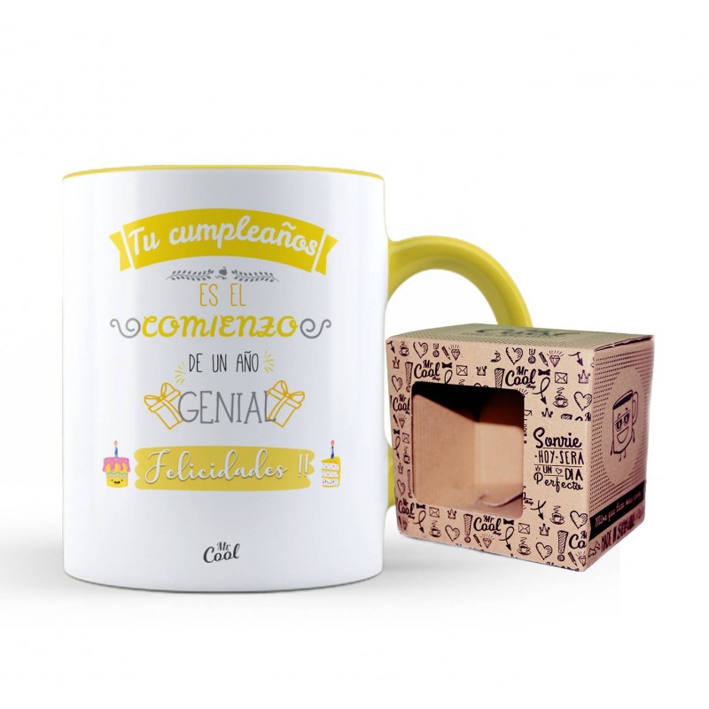 Taza color amarillo tu cumpleaños es el comienzo de un año genial felicidades