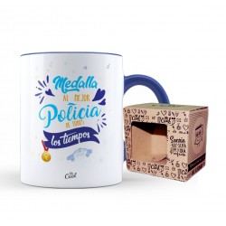 Taza color azul medalla al mejor policia de todos los tiempos