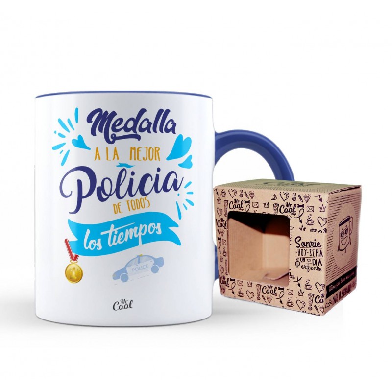 Taza color azul medalla a la mejor policia de todos los tiempos