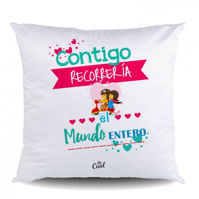 Cojin poliéster contigo recorrería el mundo entero