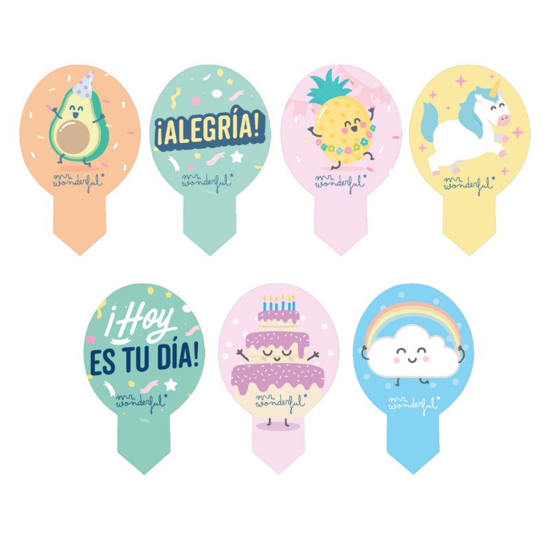 Decoraciones comestibles en forma de pin con diseños de mr wonderful