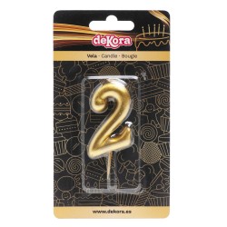 Vela de cumpleaños en color oro del número 2