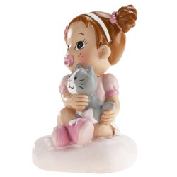 Figura de tarta para bautizo bebé niña con gatito