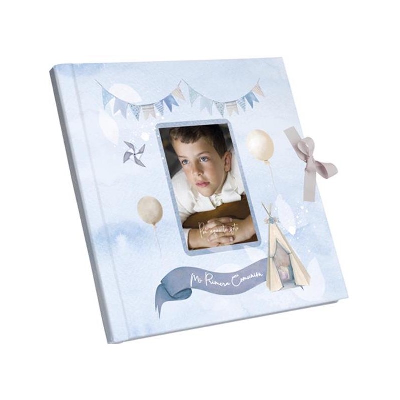 Libro de comunión celeste para fotos con cierre de lazo