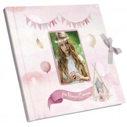 Libro de comunión rosa para foto con cierre de lazo