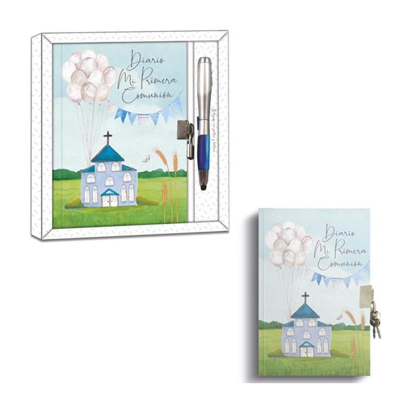 Diario de comunión celeste con bolígrafo y linterna