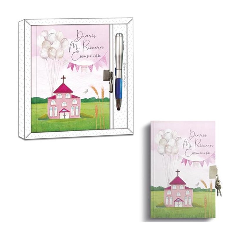 Diario de comunión rosa con bolígrafo linterna