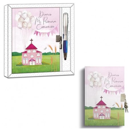Diario de comunión rosa con bolígrafo linterna