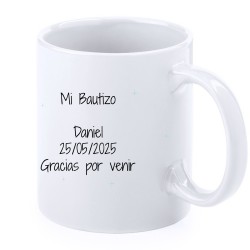 Taza bautizo elefante celeste personalizada con nombre fecha y dedicatoria