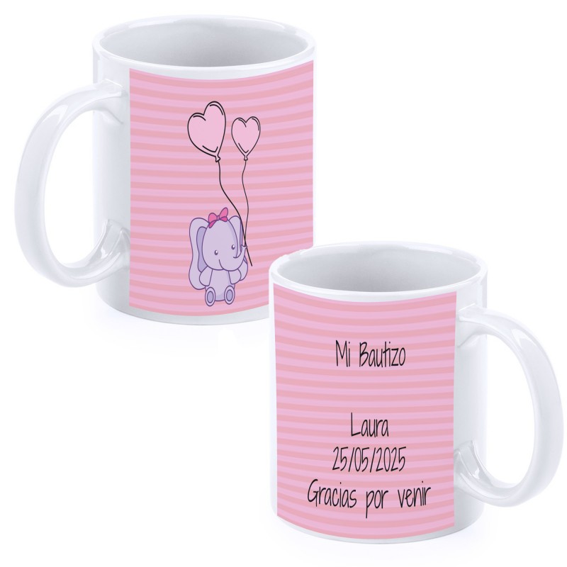 Taza bautizo elefante rosa personalizada con nombre fecha y dedicatoria