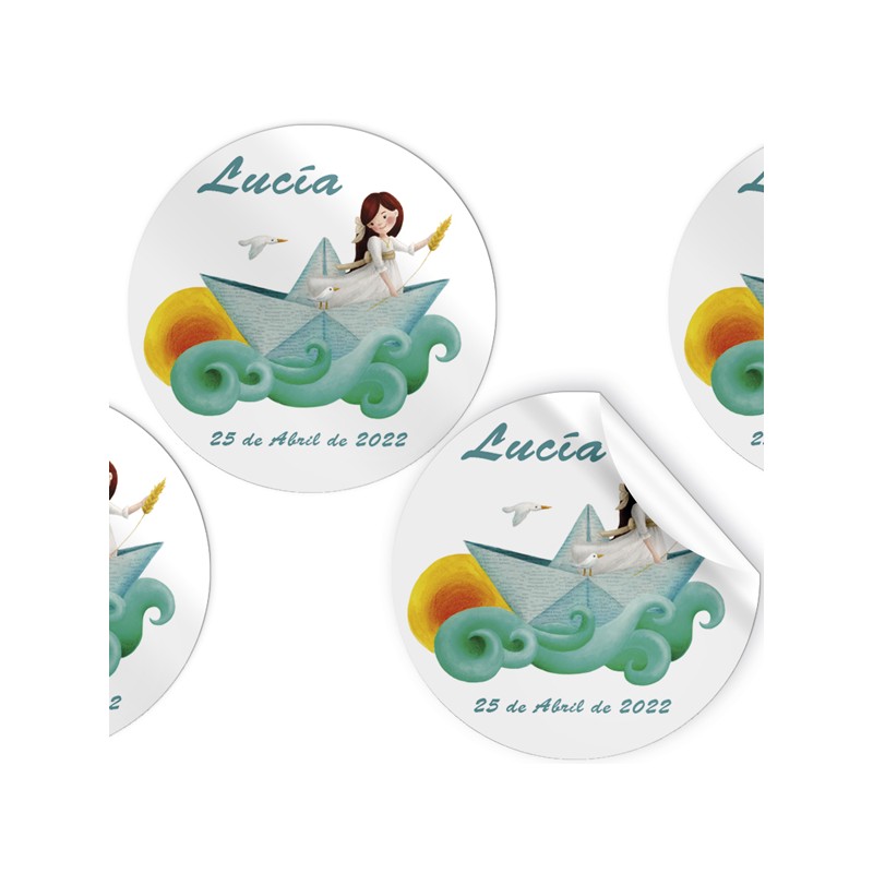 Pack de 96 adhesivos niña comunión en barco de papel