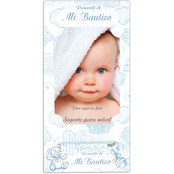 Soporte para móvil celeste para bautizo con espacio para dos fotografías